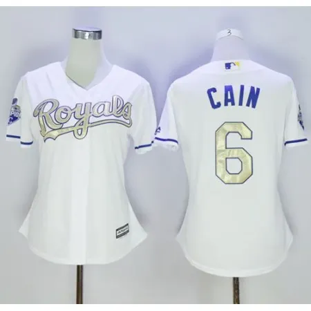 Royals #6 Lorenzo Cain White 2015 World Series Champions Gold Program Cool Base Women's Stitched MLB Jersey