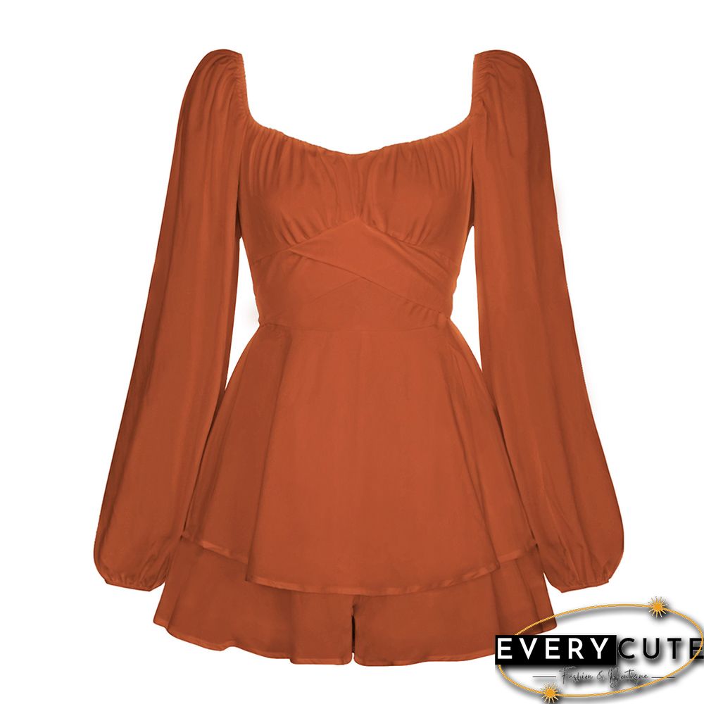 Orange Ruffle Hem Lantern Long Sleeve Romper