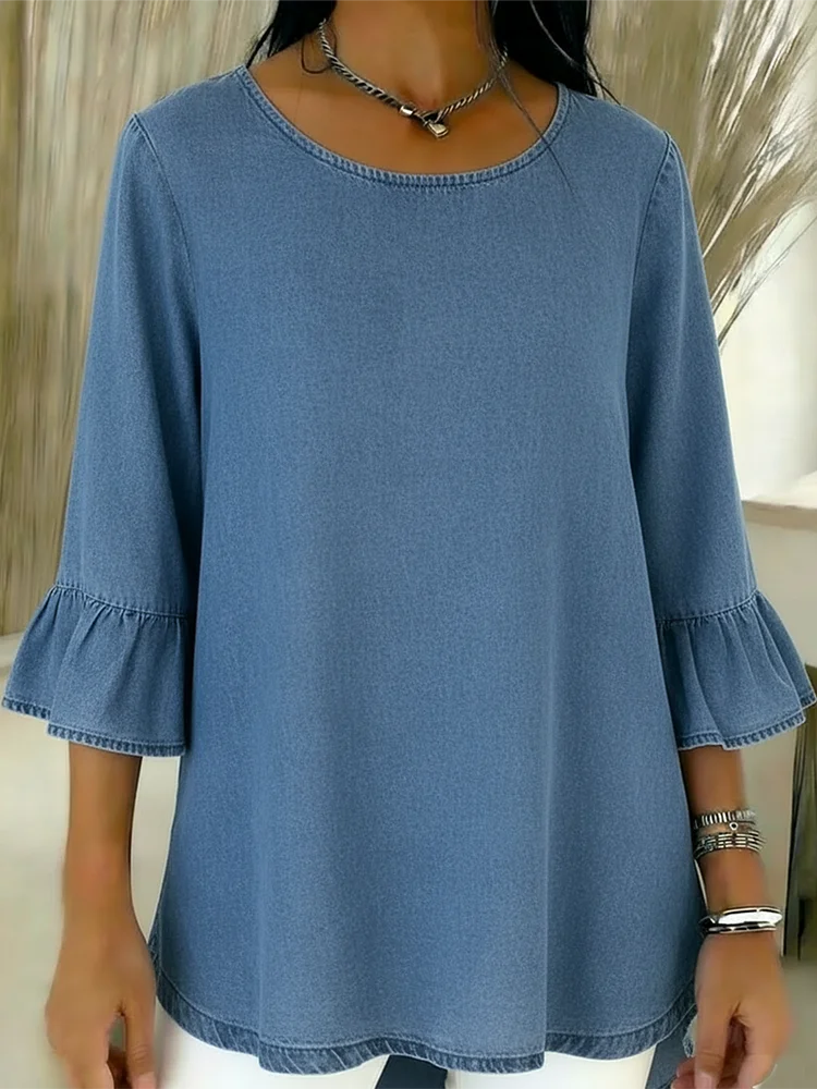 Casual Loose-fitting Ruffled Sleeves Denim Top socialshop