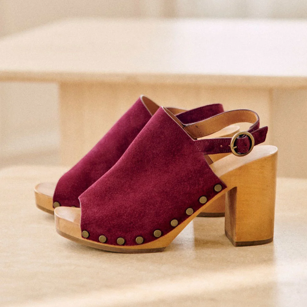 Fashion Maroon Peep Toe Slingback Studded Platform Heels with Buckle