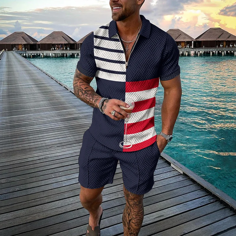 Irregular Splicing Of Simple Stripes Polo Shirt And Short Co-Ord
