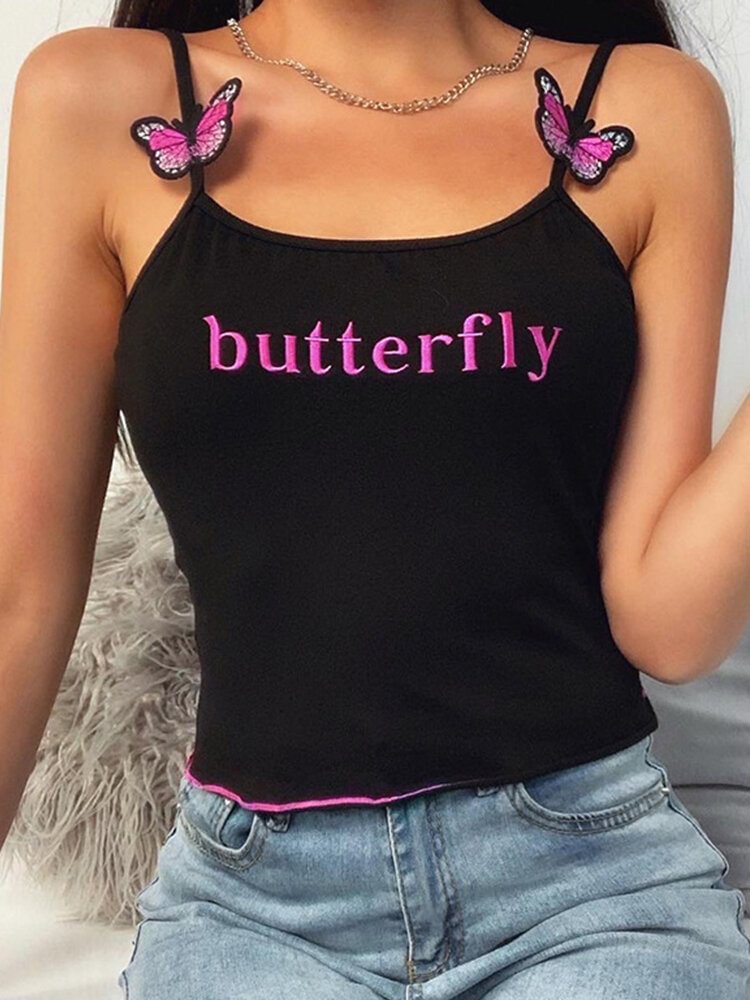 Butterfly Letter Embroidery Spaghetti Straps Camis For Women P1682521
