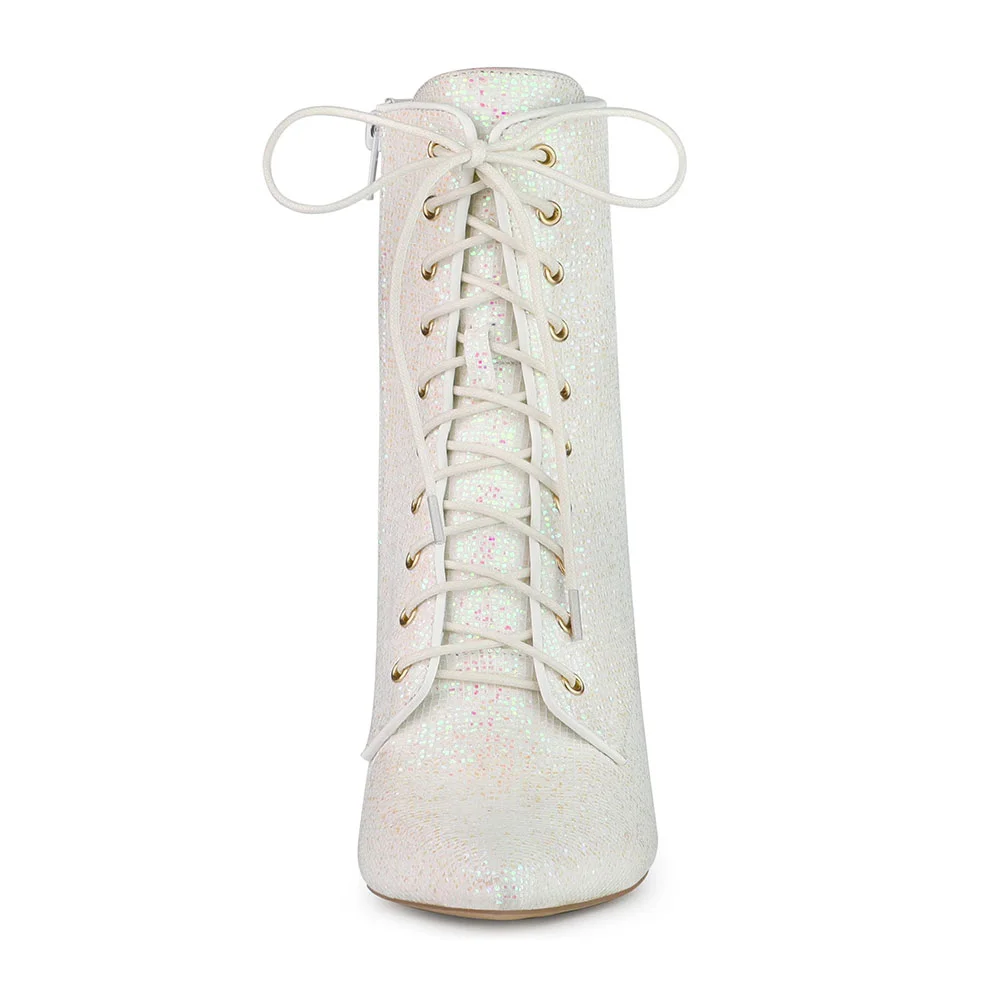 Glitter Pointed Toe Lace Up Side Zip Short Boots for Women in White