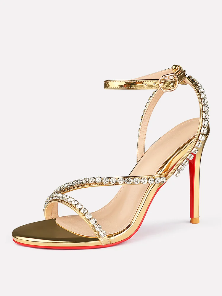 100mm Women's Open Toe Stiletto Red Bottom High Heels Ankle Strap Patent  Party  Banquet Elegance Shoes Rhinestone Spotlight Wavy Straps Sandals
