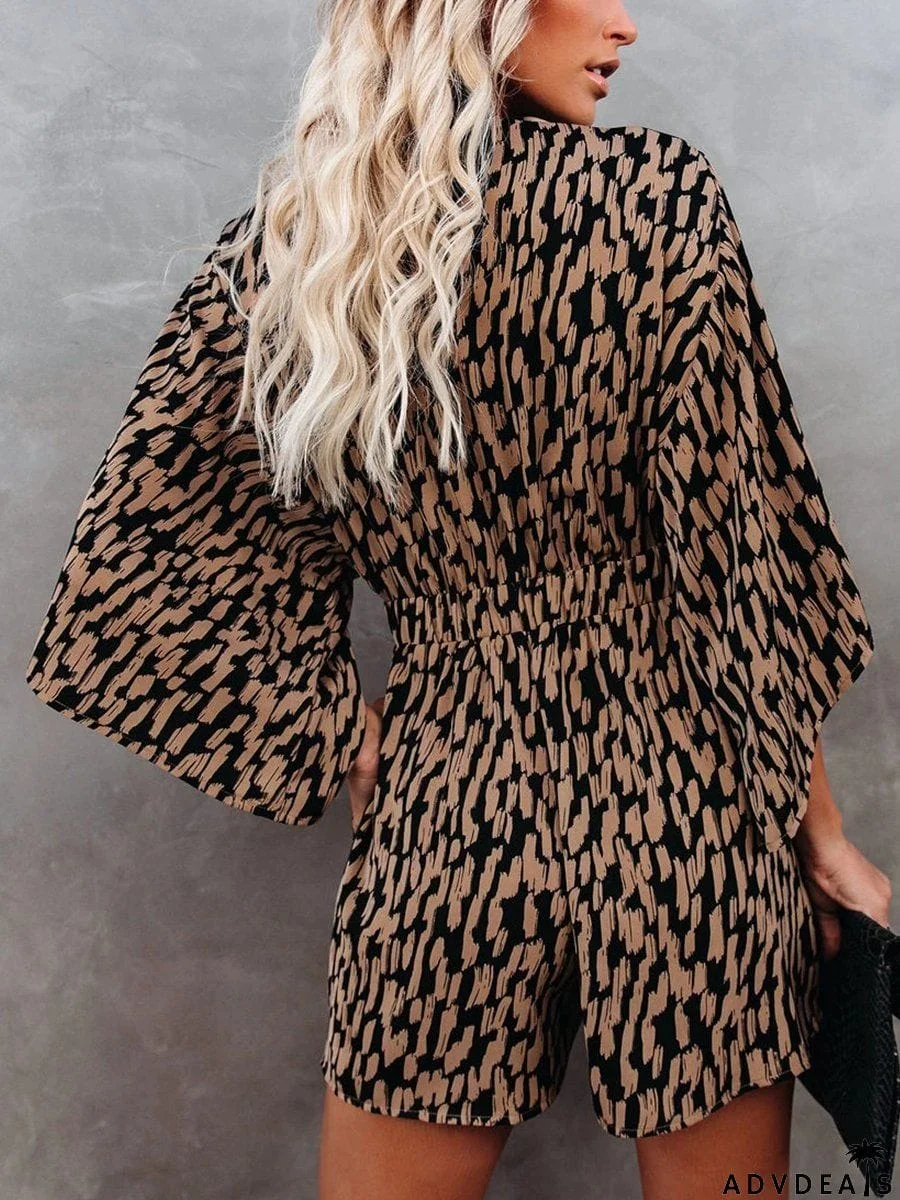 Printed Knotted Flared Sleeve Rompers