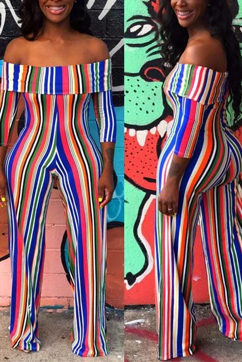 Fashion Striped Print Off Shoulder Jumpsuit
