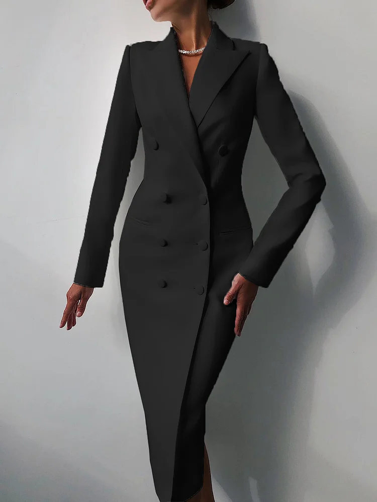 Formal Peak Lapel Double Breasted Long Sleeve Blazer Midi Dress