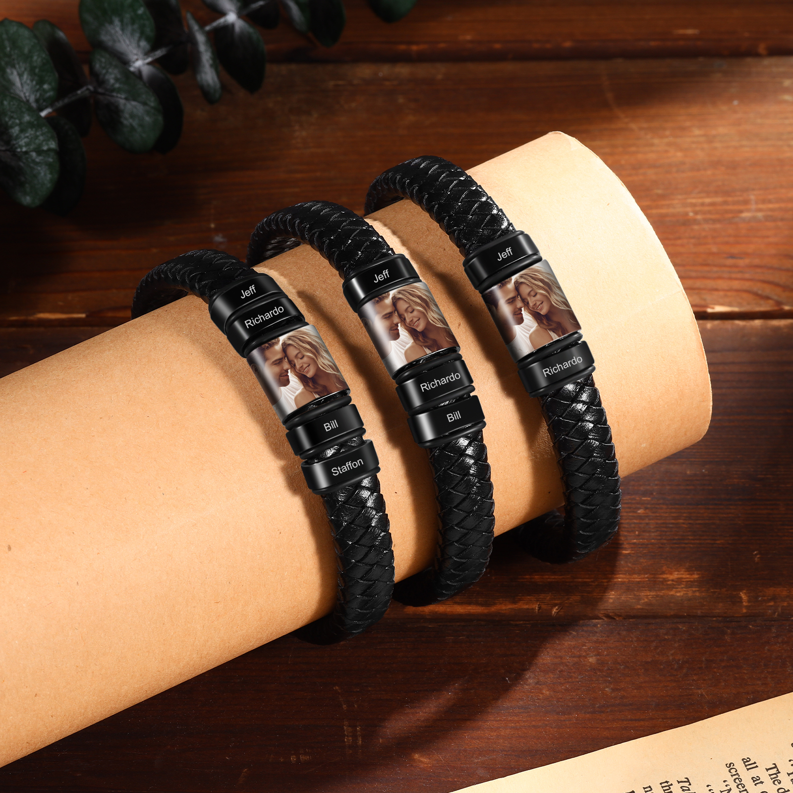 3 Names - Personalised Men's Leather Bracelet Custom Photo Braided Bracelet Gift for Him-Jessemade AU