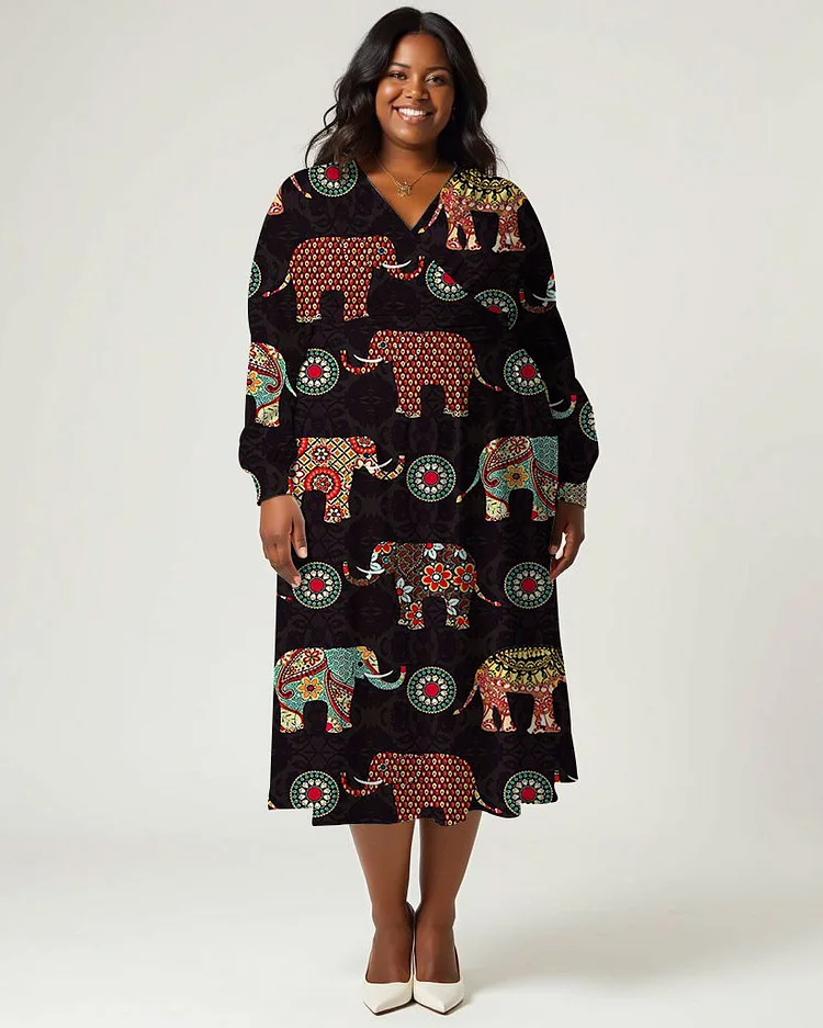 Plus Size Ethnic Elephant Print Wrap Midi Dress