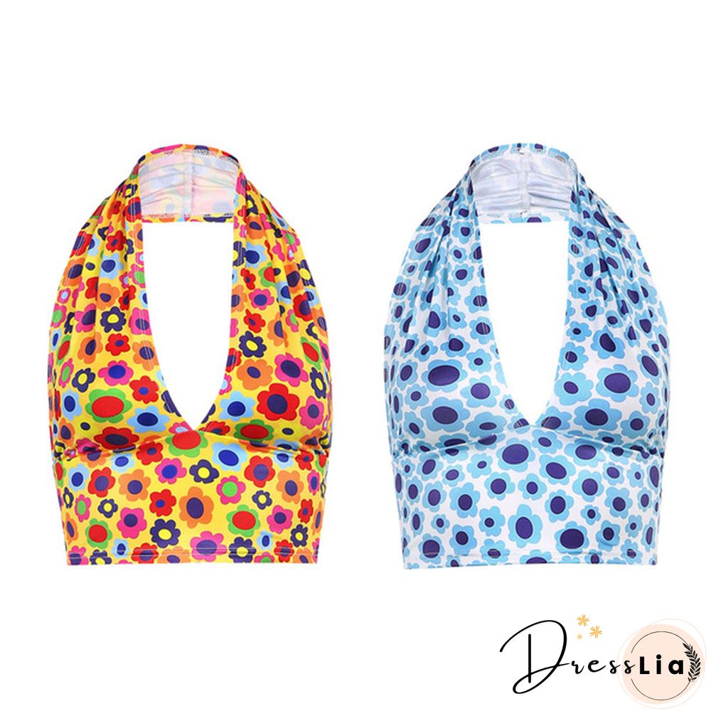 Women Halter Deep V Neck Sleeveless Crop Top Summer Holiday Fashion Floral Print Camisole Backless Vest