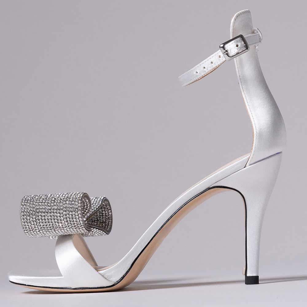 White Satin Round Toe Ankle Strappy Rhinestone Bow Bridal Sandals    Nicepairs