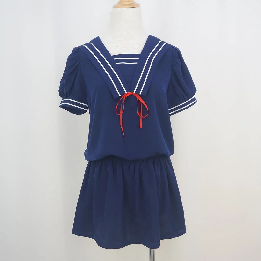{Set}Navy Sailor Collar Chiffon Top and Skirt School Uniform SP141037