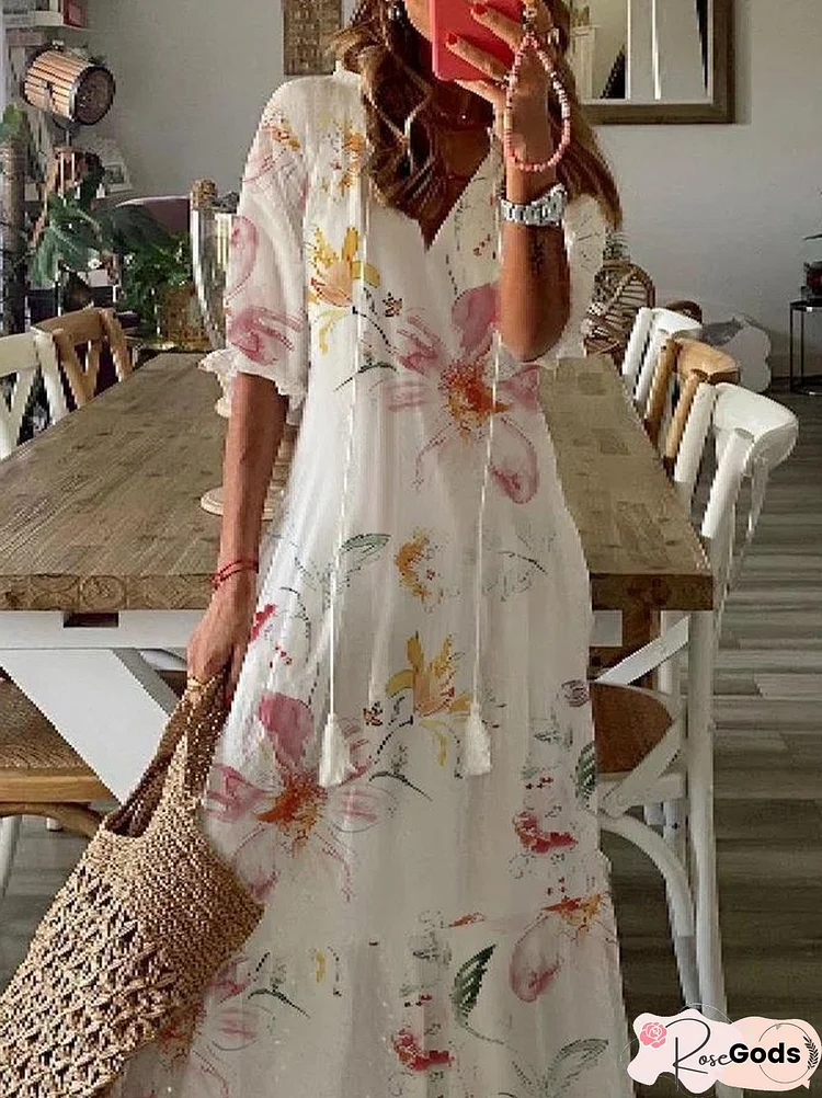 Casual Floral Half Sleeve V Neck Printed Dress