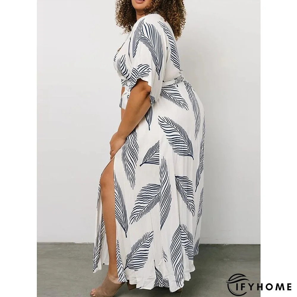 Plus Size Maxi Dress Easter Dress Leaf Casual Dress Wrap Dress A Line Dress Long Dress Half Sleeve Lace up Split V Neck Basic Outdoor White Summer Dress | IFYHOME