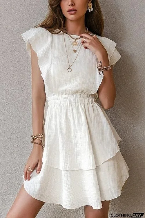Ruffle Trim Ruched Waist Layered Hem Dress