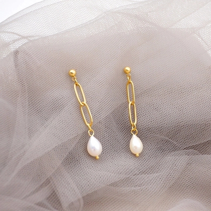 1 Pair Casual Vintage Style Minimalist Geometric Handmade Freshwater Pearl Titanium Steel Gold Plated Drop Earrings