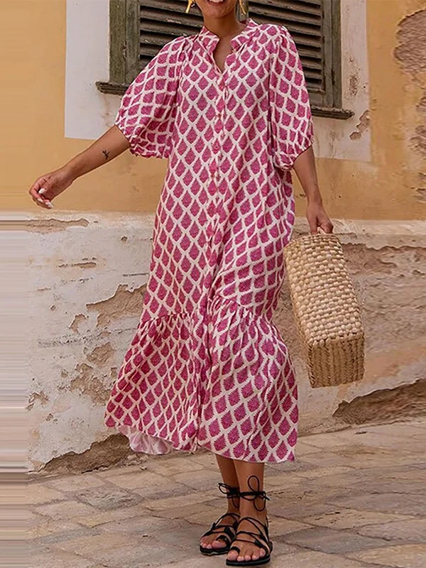 Buttoned Printed Half Sleeves Loose Stand Collar Midi Dresses