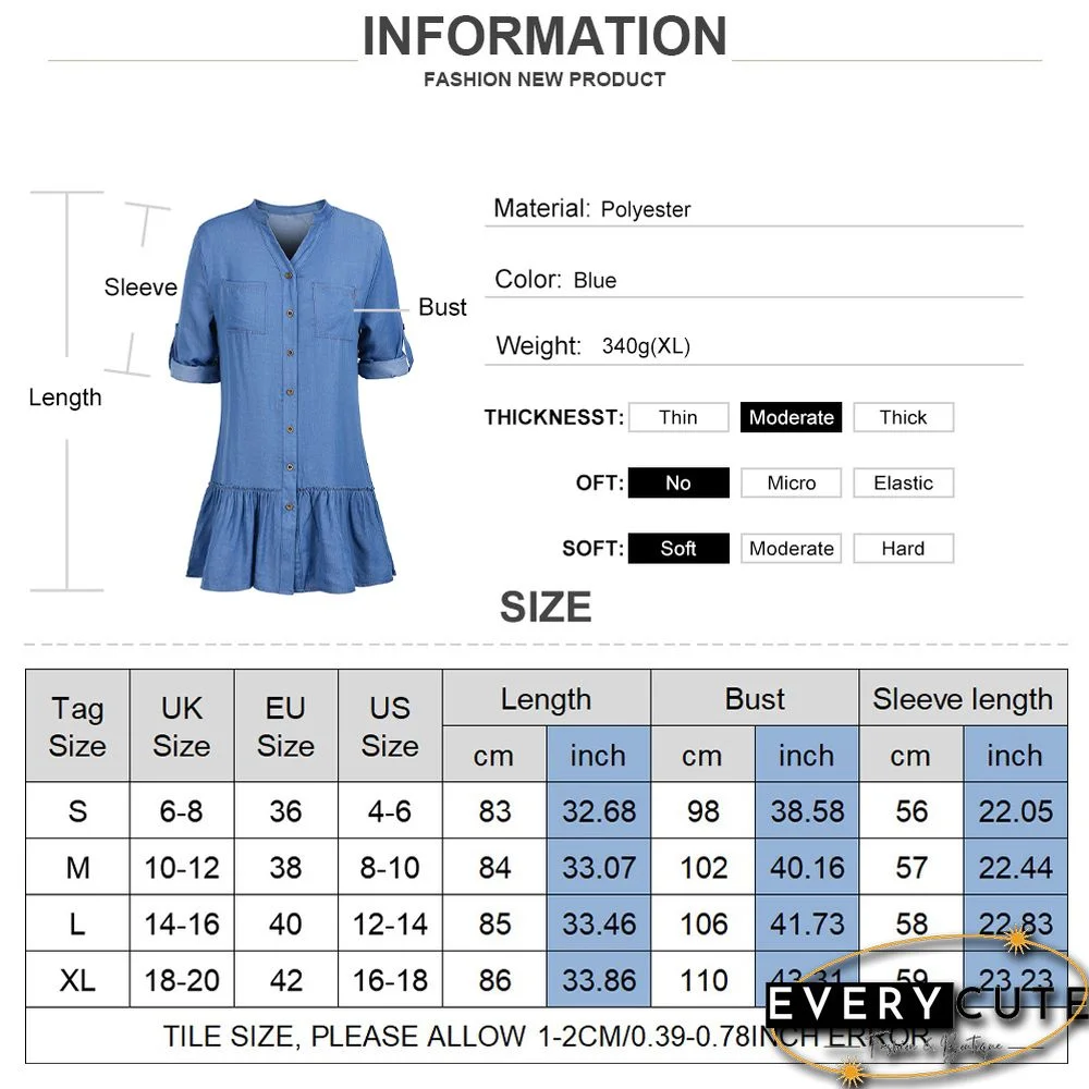 Button Down Casual Tunic Top Women's Above Knee Blouse Dress Women Denim Shirt Dresses Half Sleeve Distressed Jean Dress