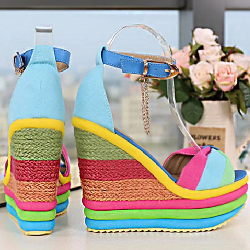 2021 Summer New Platform Wedge Sandals For Women's With Splicing Rainbow Color Weave Fish Mouth High Heels