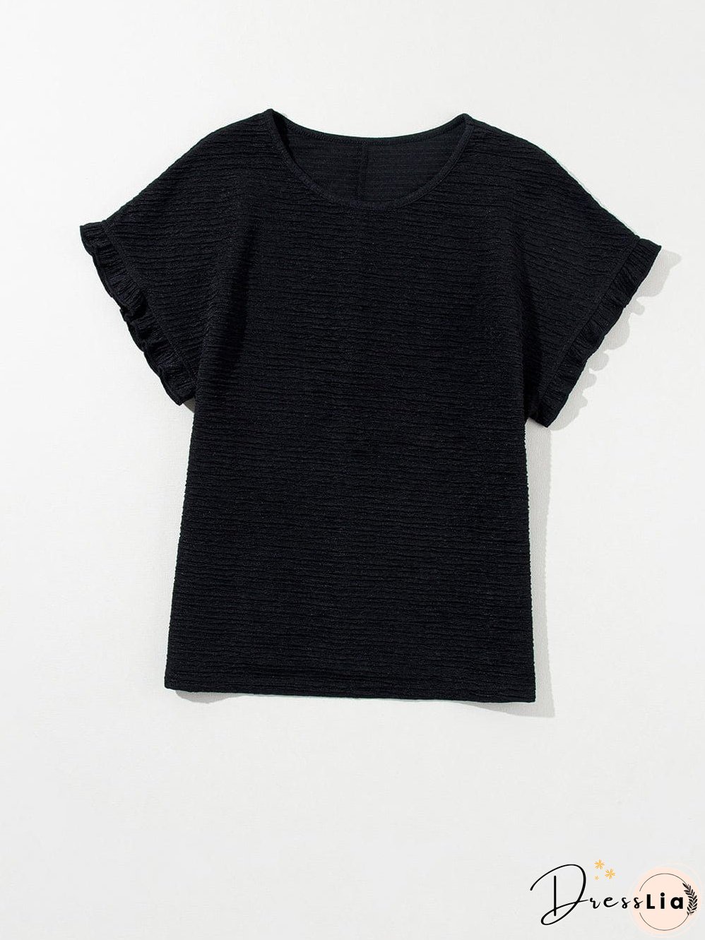 Elegant Black Textured Ruffle Sleeve Blouse