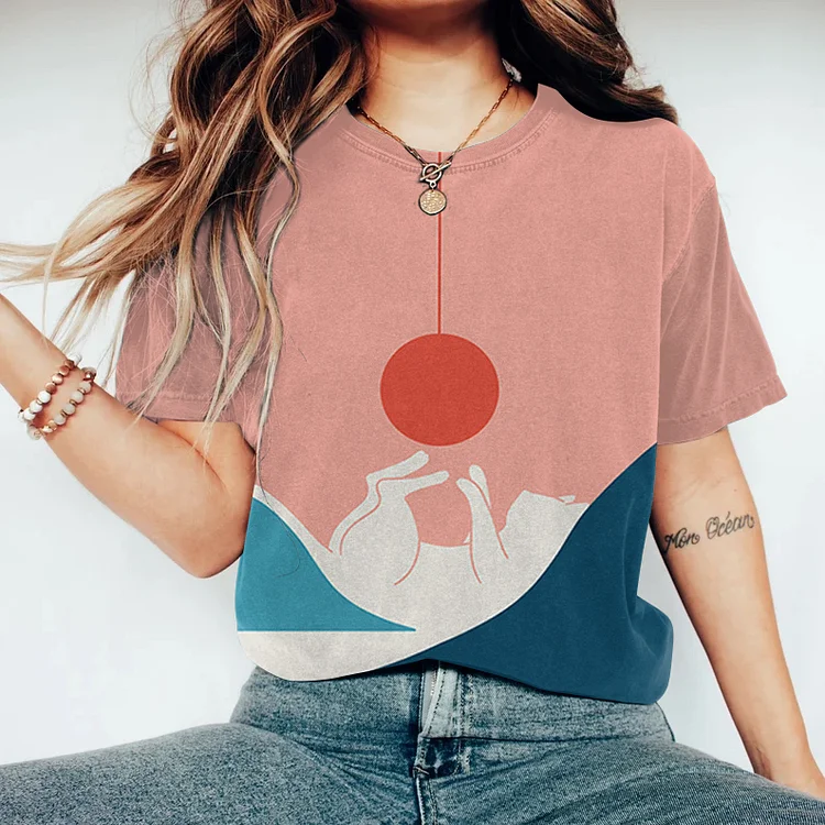 Abstract Creative Naughty Cat Landscape Sunset Painting Art T-Shirt