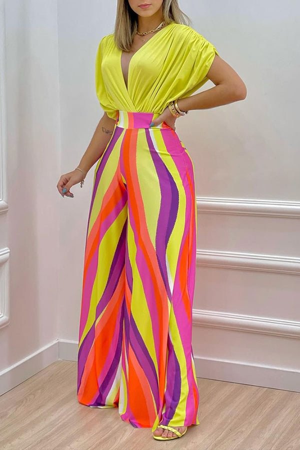 Doll Sleeve Top Wide Leg Pants Printed Two-Piece Set