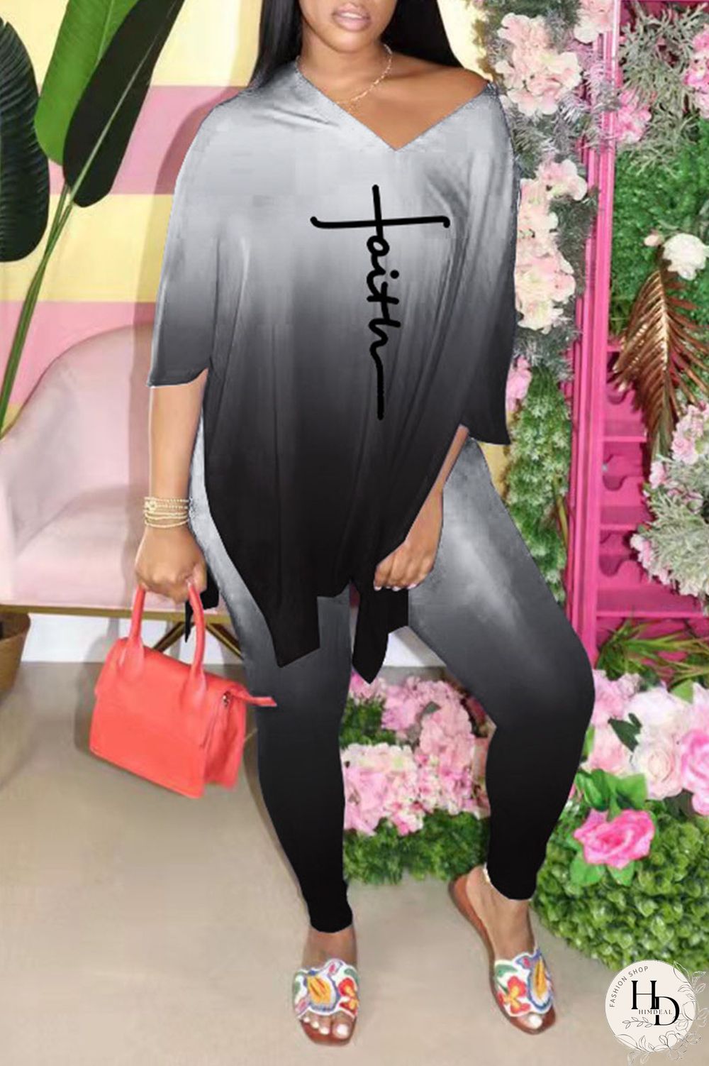 Blue Casual Gradual Change Print Patchwork Slit V Neck Half Sleeve Two Pieces