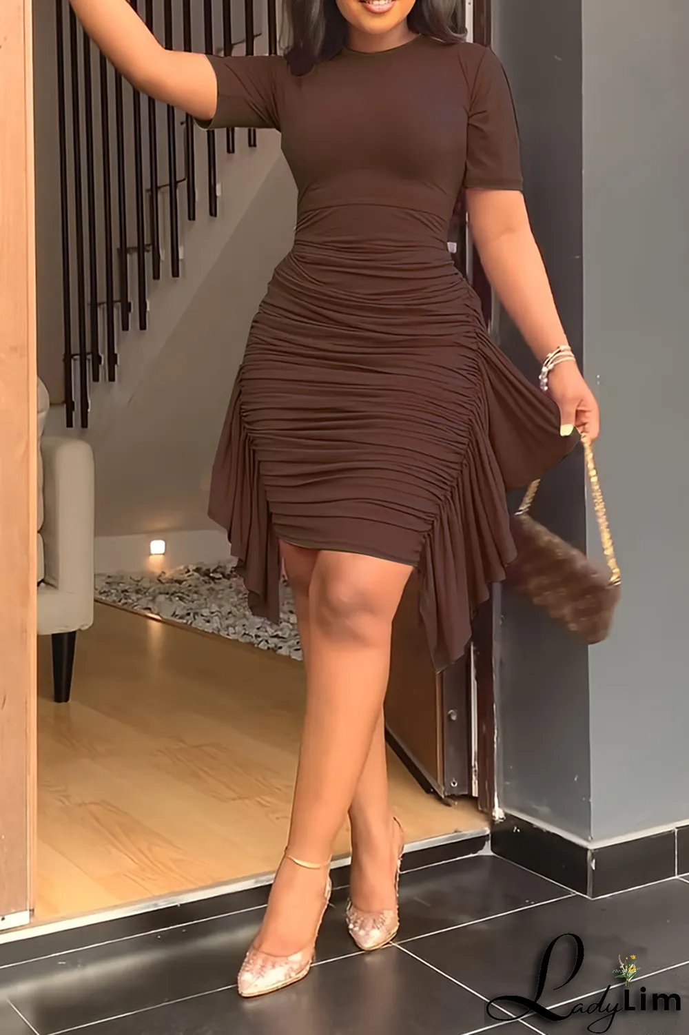 Yellow Fashion Solid Flounce Fold O Neck Pencil Skirt Dresses