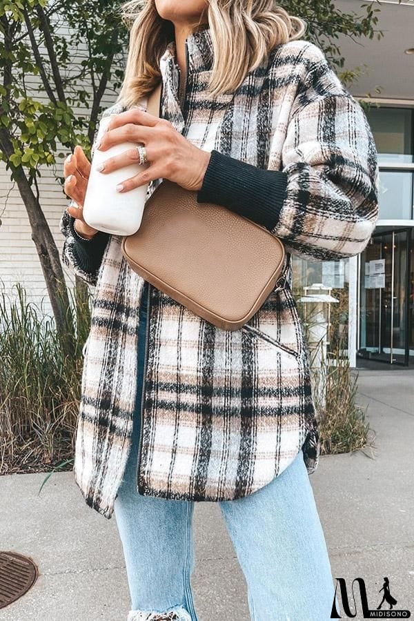 MidiSono - Mid-length Mandarin Collar Zipper Plaid Coat