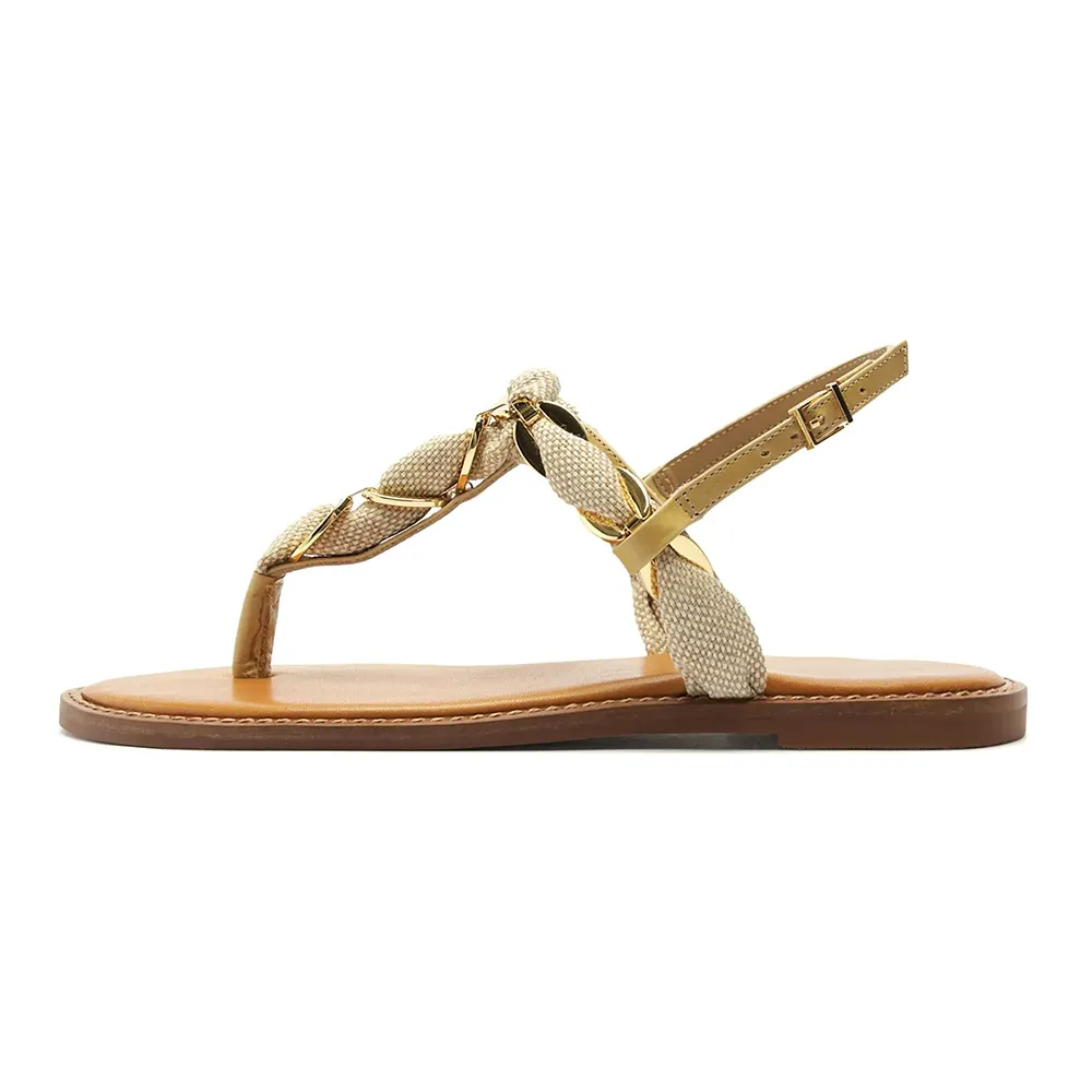 Women's Open Toe Flip Flop Flat Braided T-Strap Gold Sandals Nicepairs
