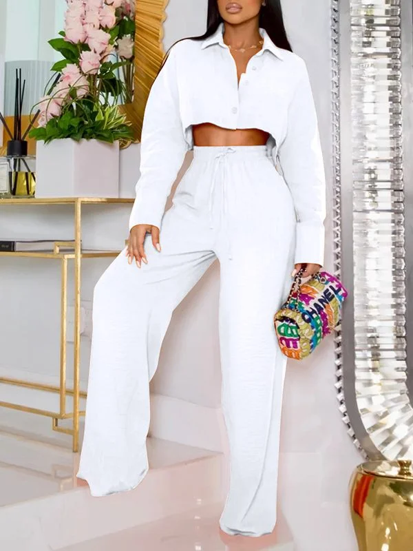 Solid Cropped Shirt & Wide-Leg Pants Set