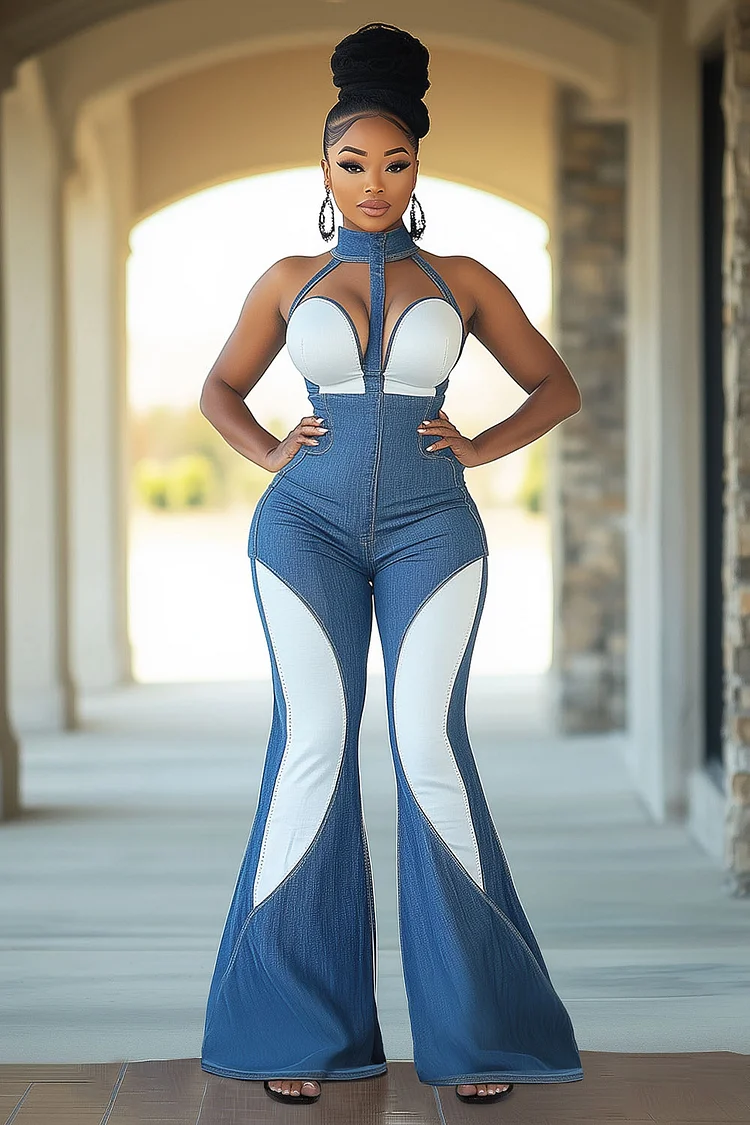 Halter Cutout Patchwork Denim Vacation Flare Leg Jumpsuit-Blue [Pre Order]