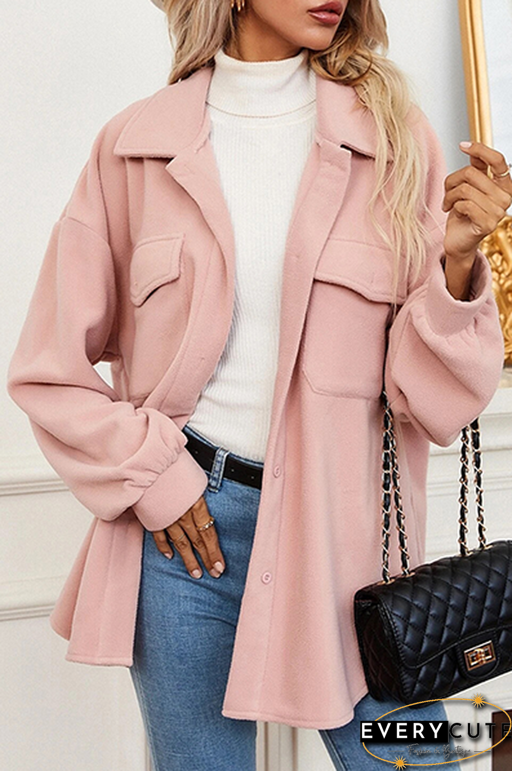 Elegant Solid Pocket Buckle Turndown Collar Outerwear