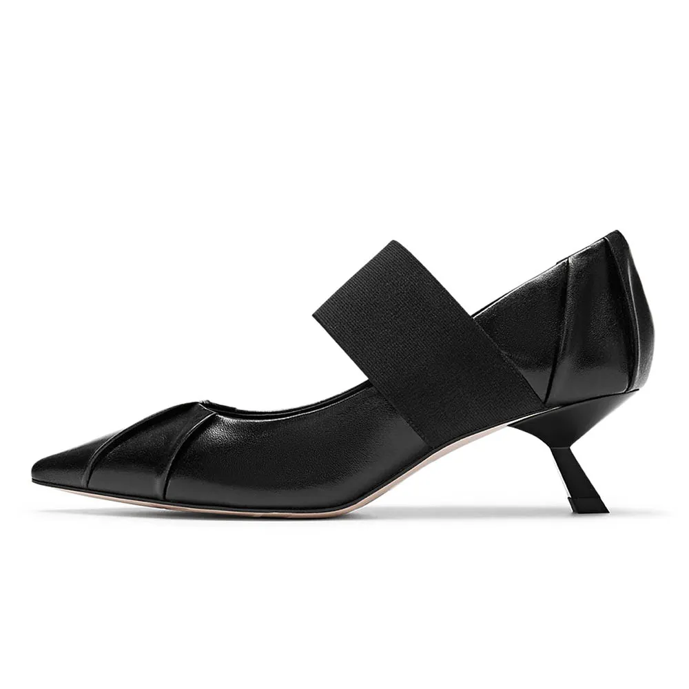 Black Elastic Band Pointed Toe Pleated Pumps Shoes with Kitten Heels