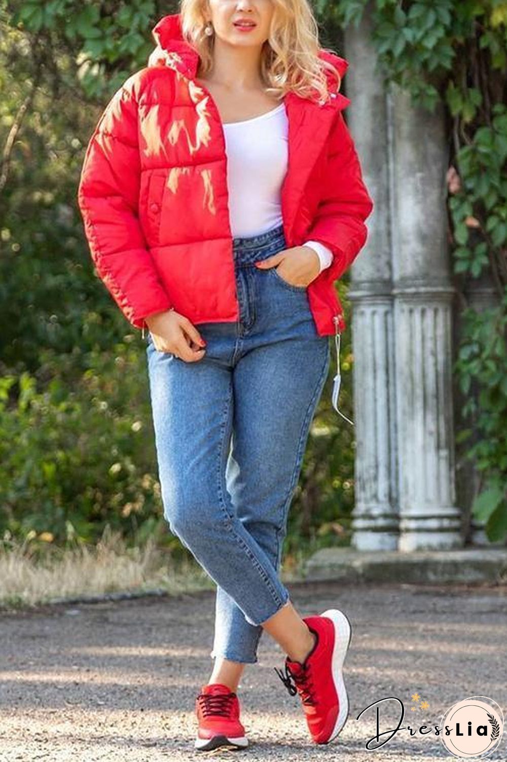 Zipper Button Hooded Coat