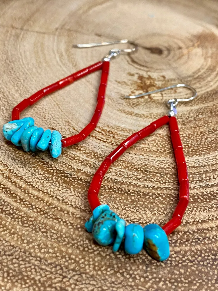 Macy Coral Cylinder & Turquoise Teardrop Earrings