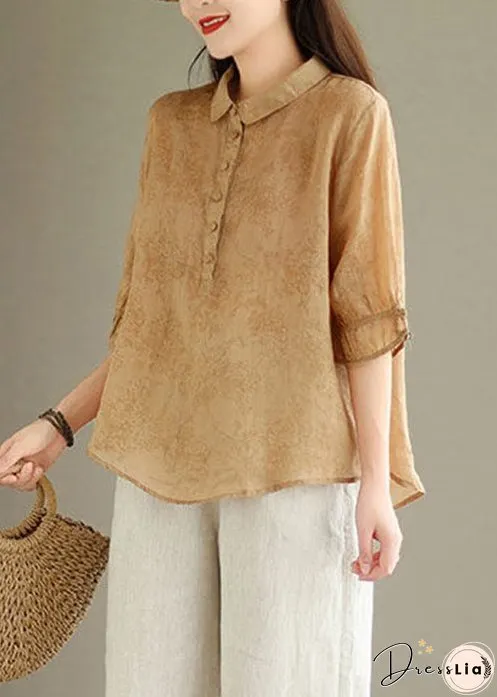 New Khaki Solid Button Print Linen Shirt Summer