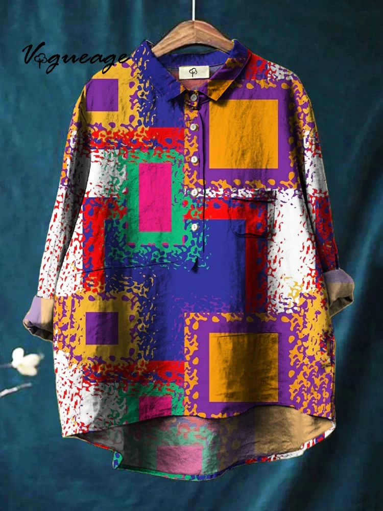Design Stylish Color Blocks Print Cotton And Linen Shirt