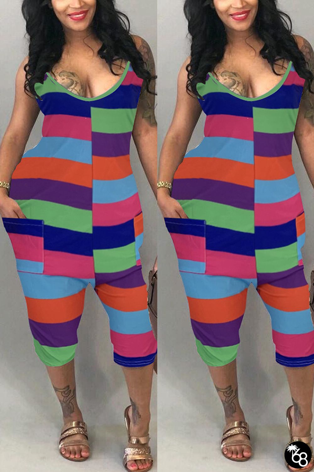 Green Sexy Fashion Patchwork Striped Print Sleeveless Slip Rompers | 168DEAL