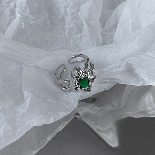 Irregular Wrinkled Surface Geometric  Green Gemstone Opening Women's Titanium Steel Rings