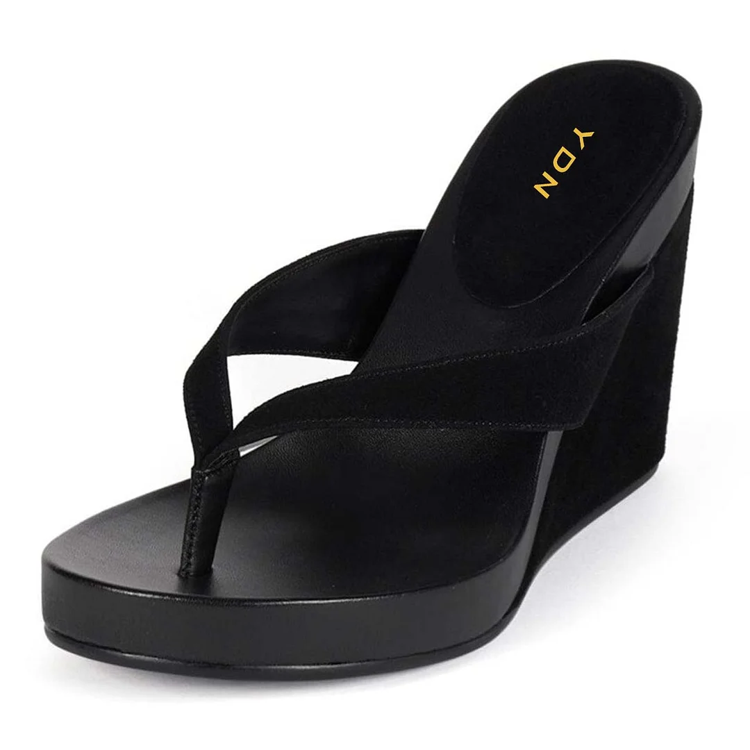 Black Vegan Suede Open Toe Wedge Heel Platform Flip Flops for Women