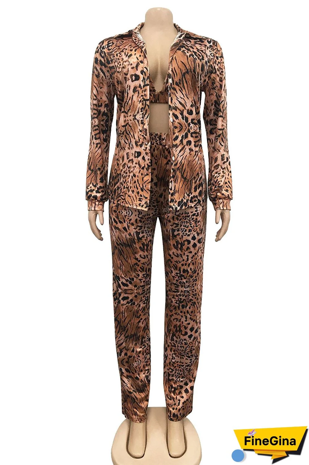 Tiger Pattern Fashion Casual Print Cardigan Vests Pants Turn-back Collar Long Sleeve Two Pieces
