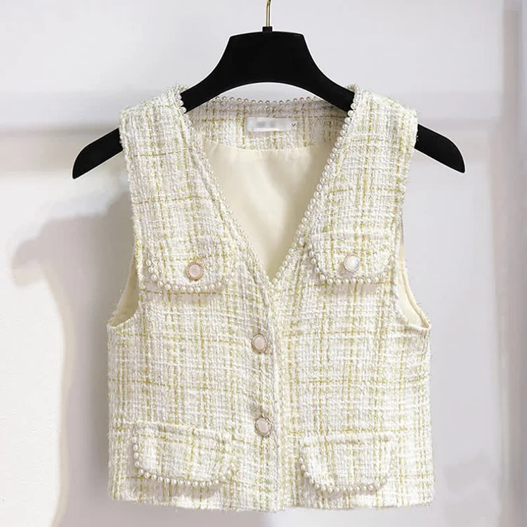 Chic Plaid Print Pearl Vest Lace Up Long Sleeve Pleated Dress - Modakawa modakawa