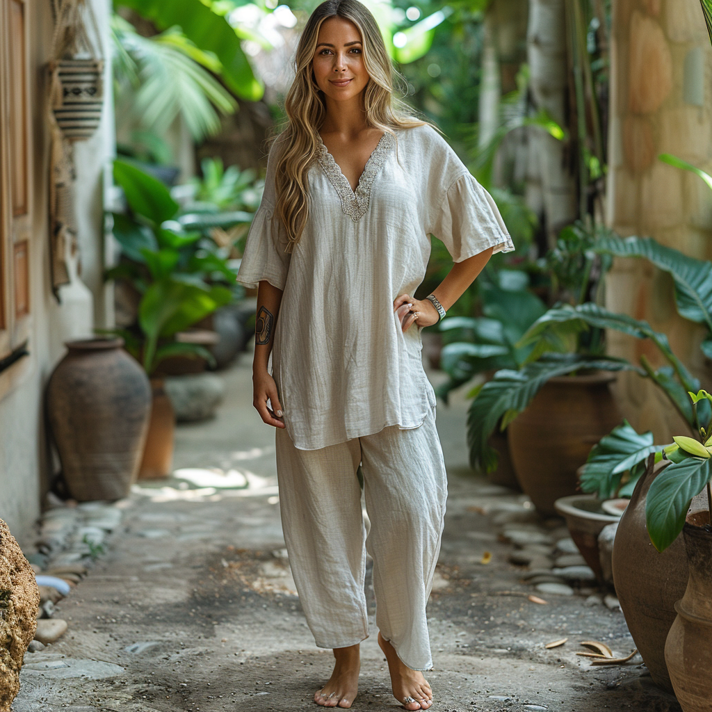 Woman - Ethnic Linen Top-inspireuse