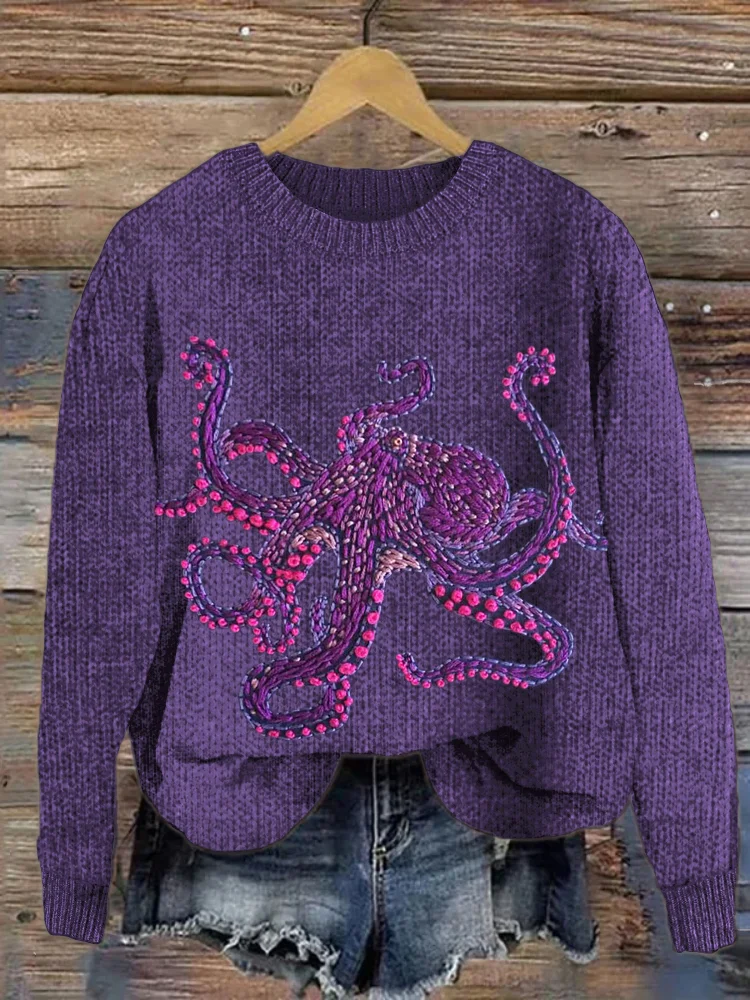 VChics Purple Octopus Embroidery Pattern Cozy Knit Sweater