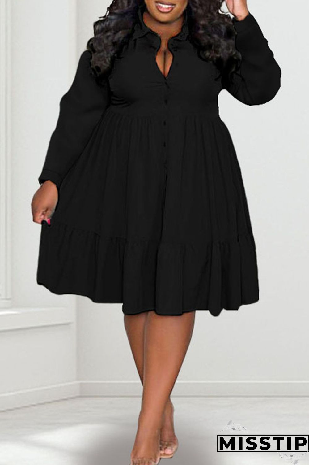 Black Casual Solid Patchwork Buckle Fold Turndown Collar A Line Plus Size Dresses