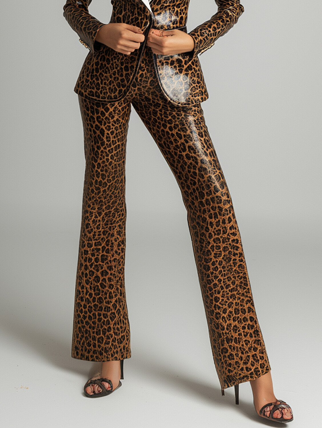 Ursime PU Leather Leopard Bell Bottom Pants