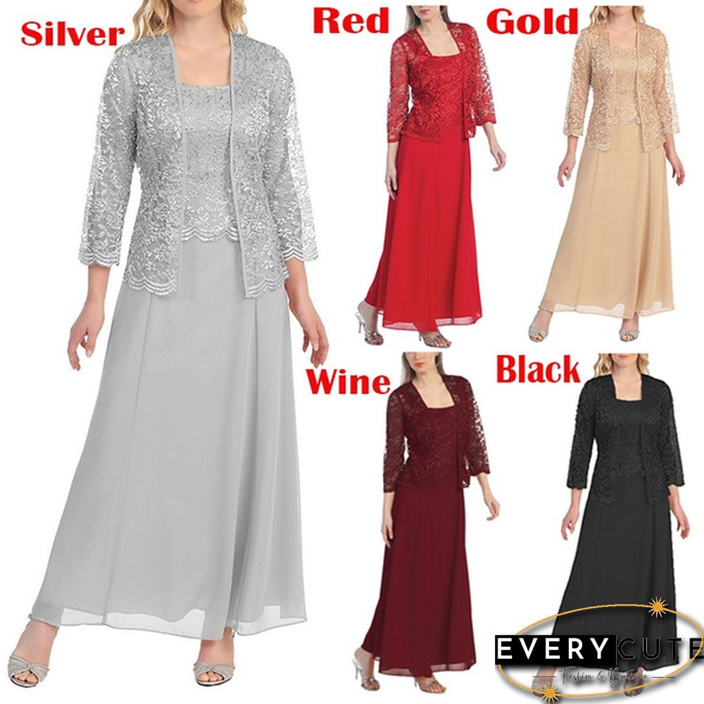 New Women lace cardigan and chiffon maxi skirt Two-piece Ladies Fashion Long Chiffon Dress Mother of Groom Dress with Lace Long Sleeve