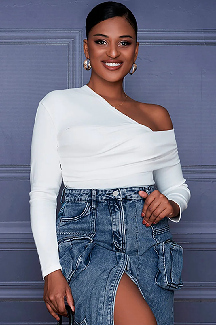 Xpluswear Design Plus Size White Daily One Shoulder Long Sleeve Blouses 