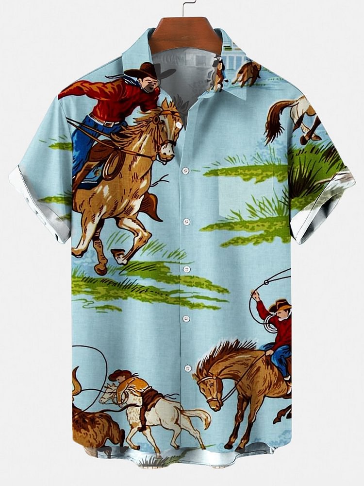 Men's Retro Cowboy Horse Style Lover Pocket Equestrian Casual Loose Comfortable Shirt